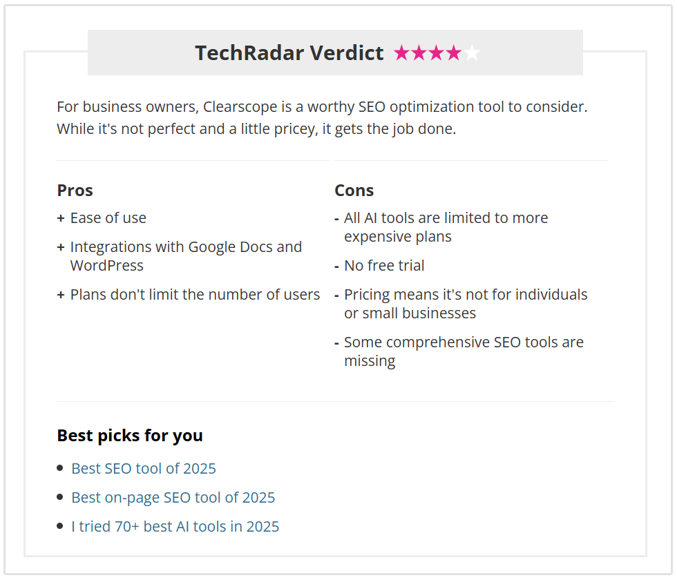 TechRadar Clearscope ulasan